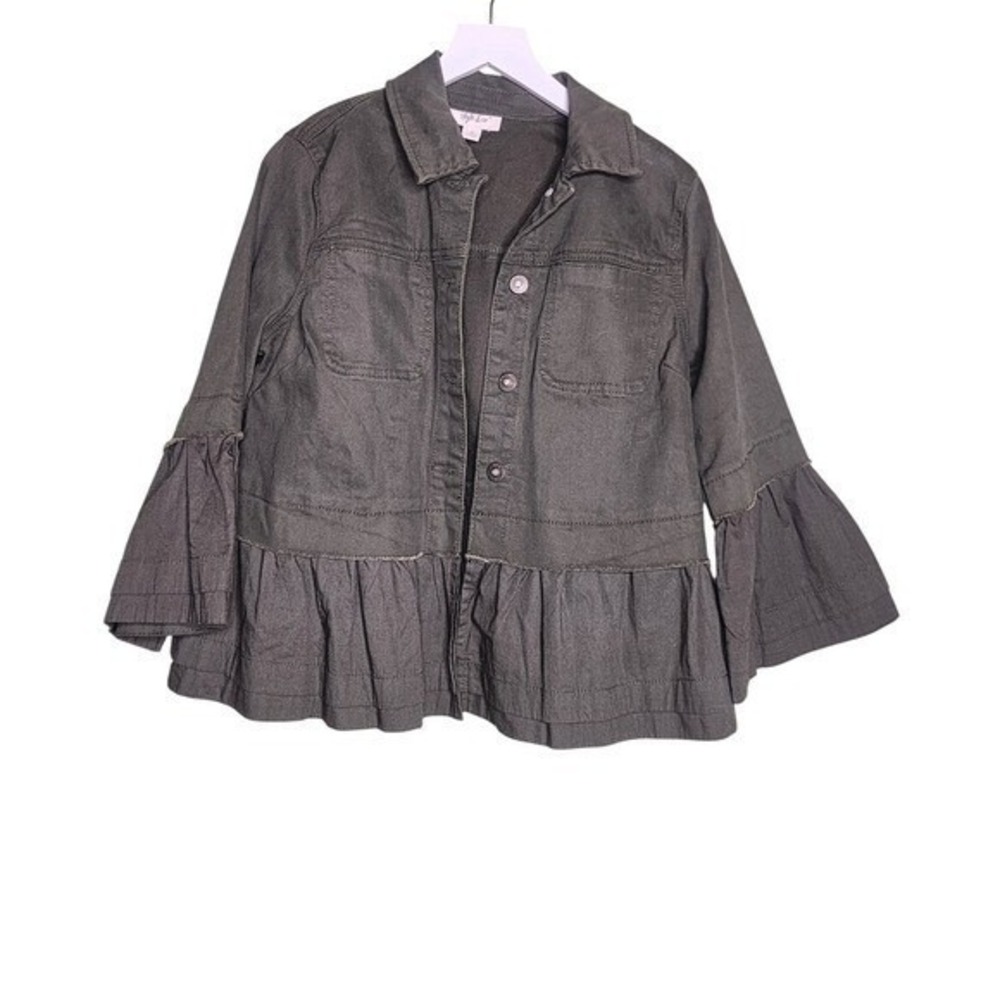 Style & Co Olive Green Denim Jean Jacket Feminine Casual XS Ruffle Hem Boho